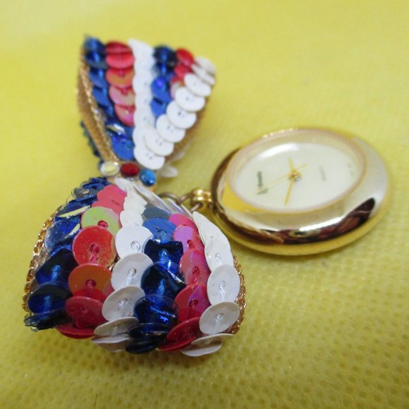 BONETTO Watch Red White Blue SEQUINS Gold Mesh Bow - Picture 3 of 7